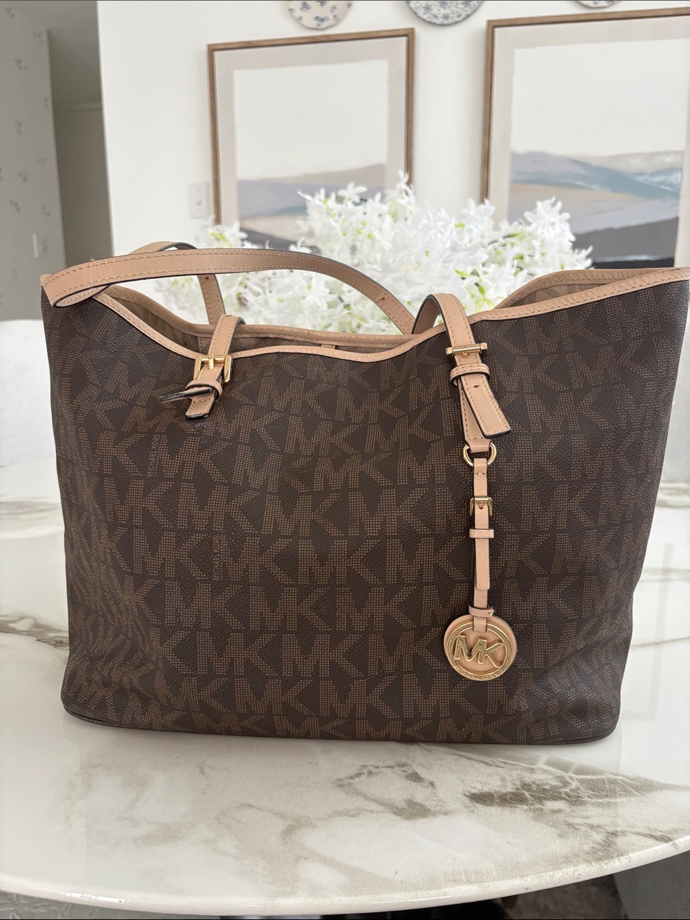Michael Kors Brown MK Logo Tote with Tan Trim